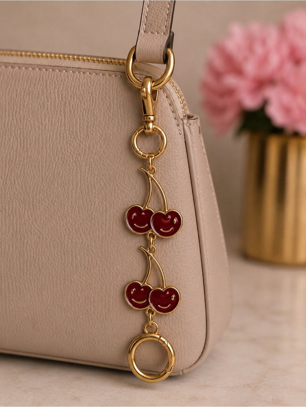 Gold Cherry Dangle Keychain/ Bag charm or bag extender with Red Enamel Cherries